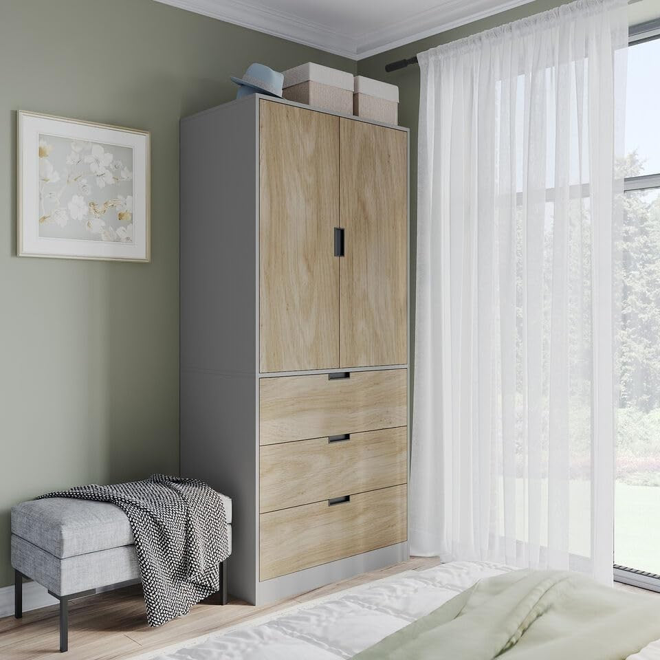 Modern Oak 2 Door 3 Drawer Wardrobe with Rail Shelf Grey H180cm Storage