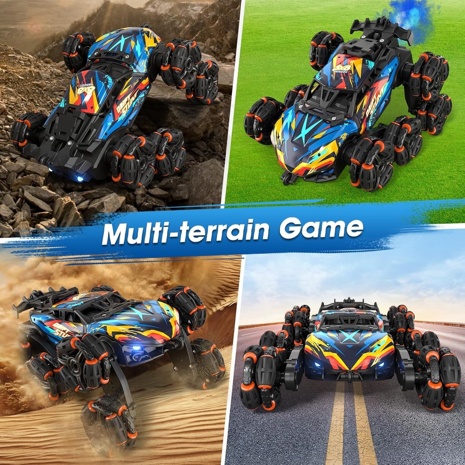 8WD RC Stunt Car w/ Gesture Control, LED Lights, Music & Spray, 360° Flip Drift