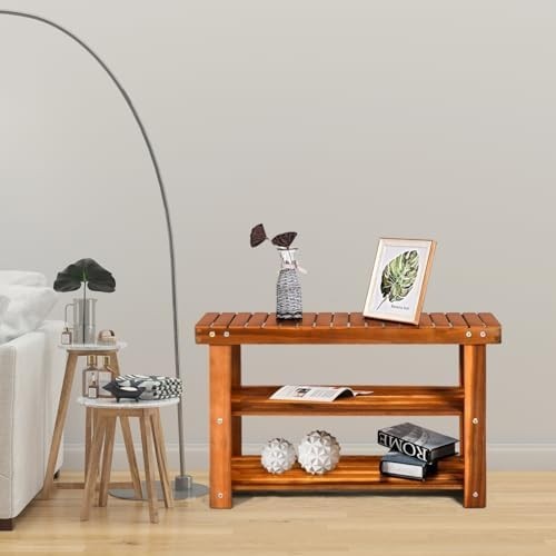 3-Tier Acacia Wood Shoe Rack Bench Wide Storage Seat for Hallway Entryway