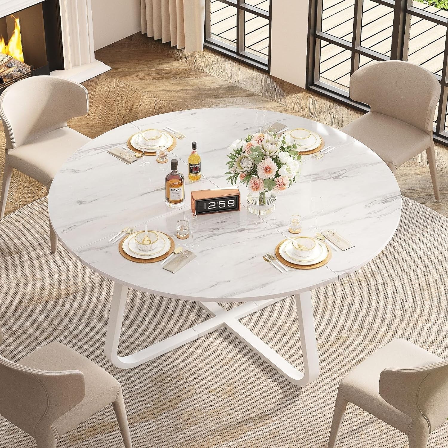 Round White Marble Dining Table 4-6 Seater Wood Metal Kitchen Home 130cm