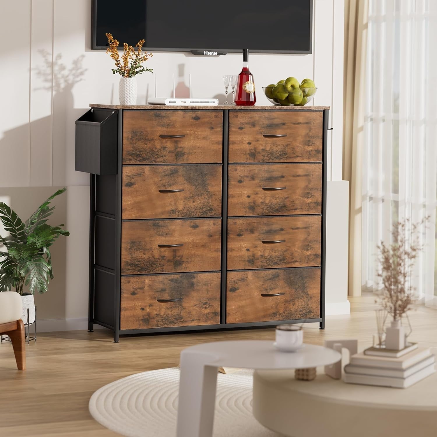 Rustic 8 Drawer Tall Fabric Storage Unit w/ Labels, Pocket & Wood Top