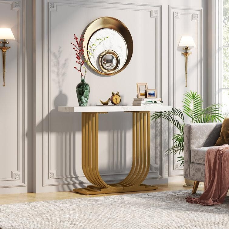 Modern Faux Marble Console Table with Gold Base – 39" Entryway Accent