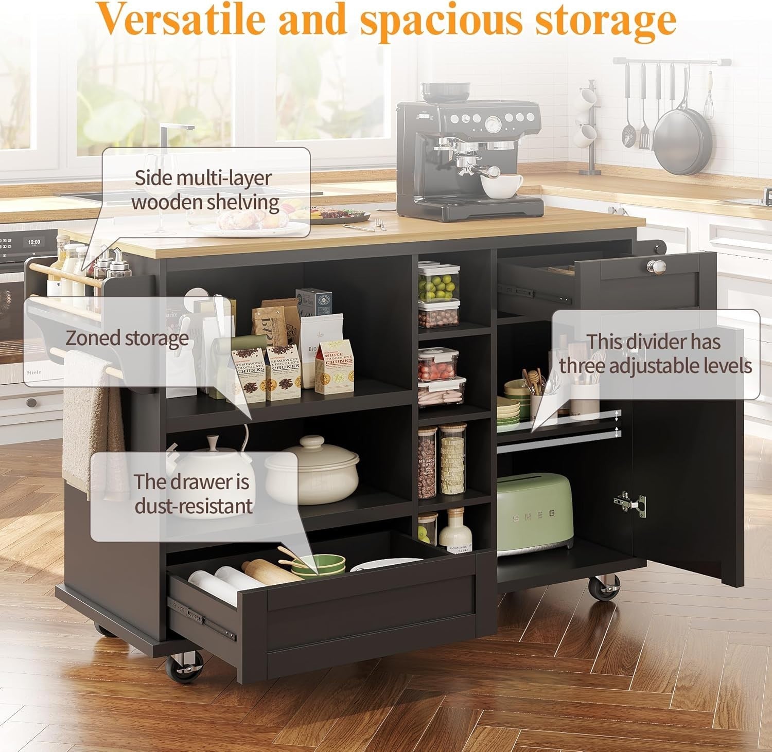Kitchen Island on Wheels with Drawers & Cupboards, 129cm Black Unit