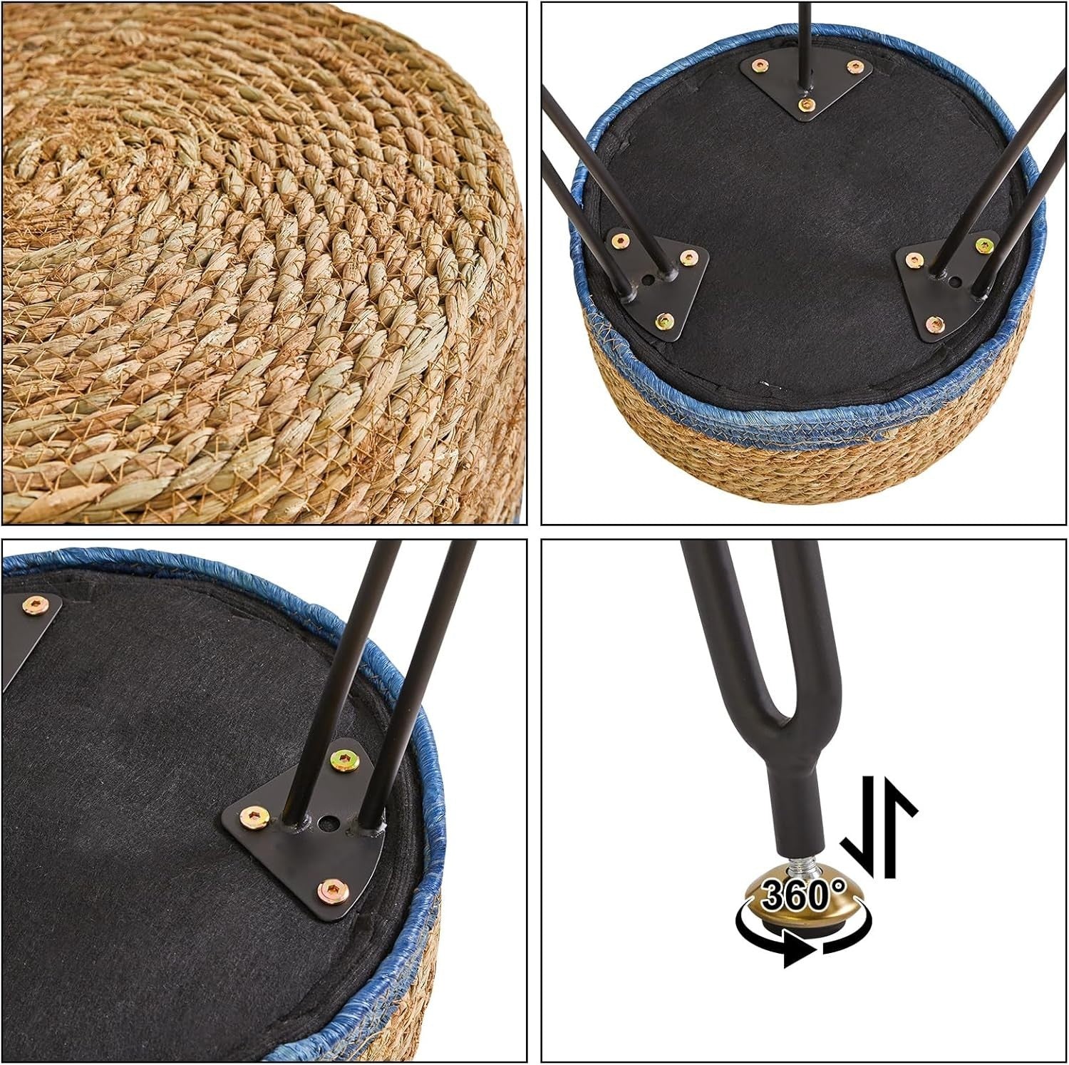 Natural & Blue Seagrass Footstool Round Pastoral Woven Stool 32×32×45cm