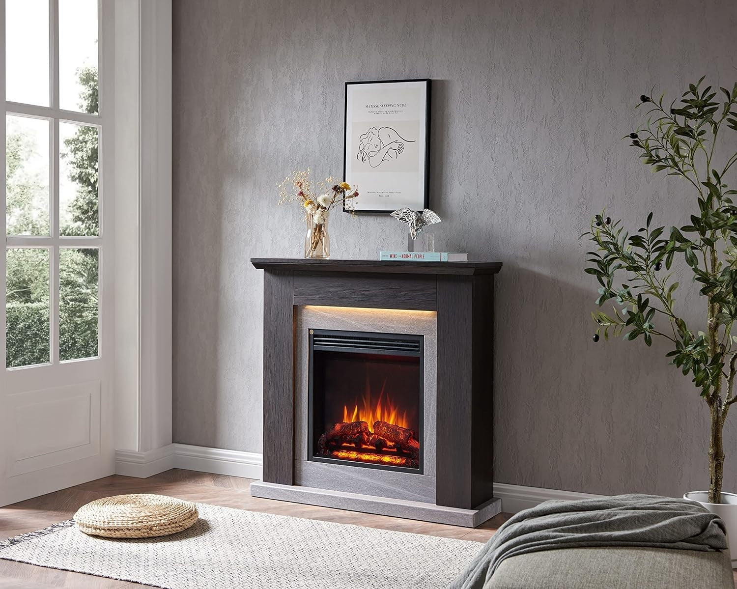 35" Electric Fireplace Heater with LED Flame, Remote Control & Oak Finish