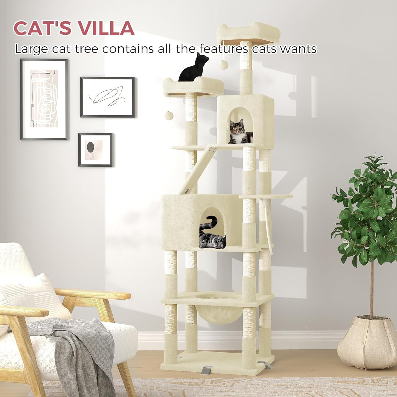 208cm Tall Cat Tree Tower Beige Anti-Tip Multi-Level Condo Scratching Post