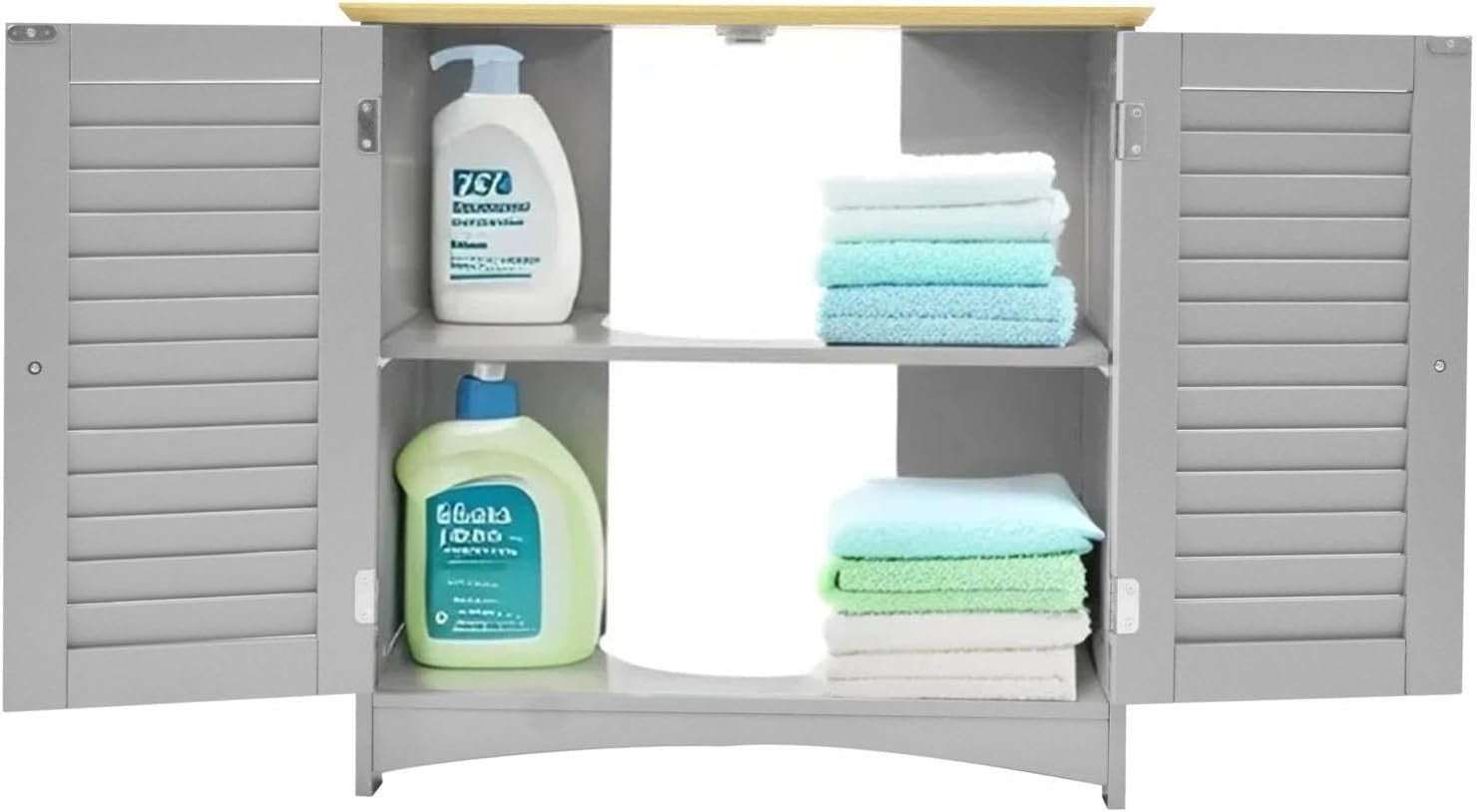 Grey Under Sink Bathroom Cabinet with Shutter Doors & Shelf 60x30x60cm