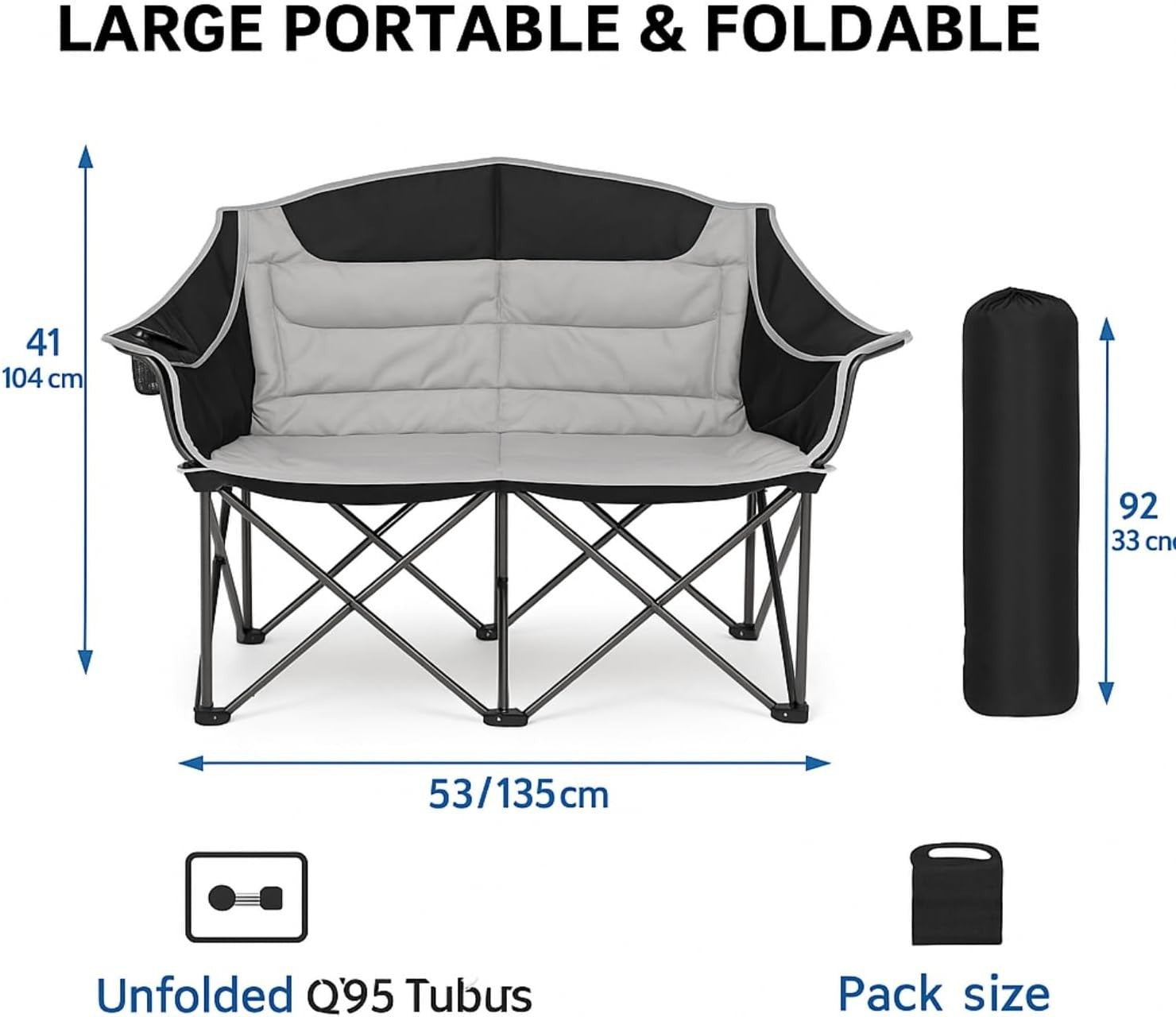Double Folding Camping Chair | 2 Person Heavy Duty, Cup Holder, Portable