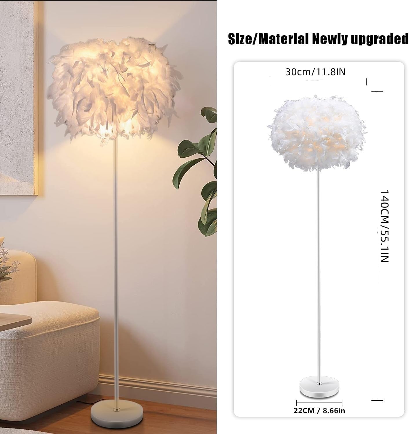 Feather Floor Lamp White Standing Light E27 Modern Bedroom Living Room