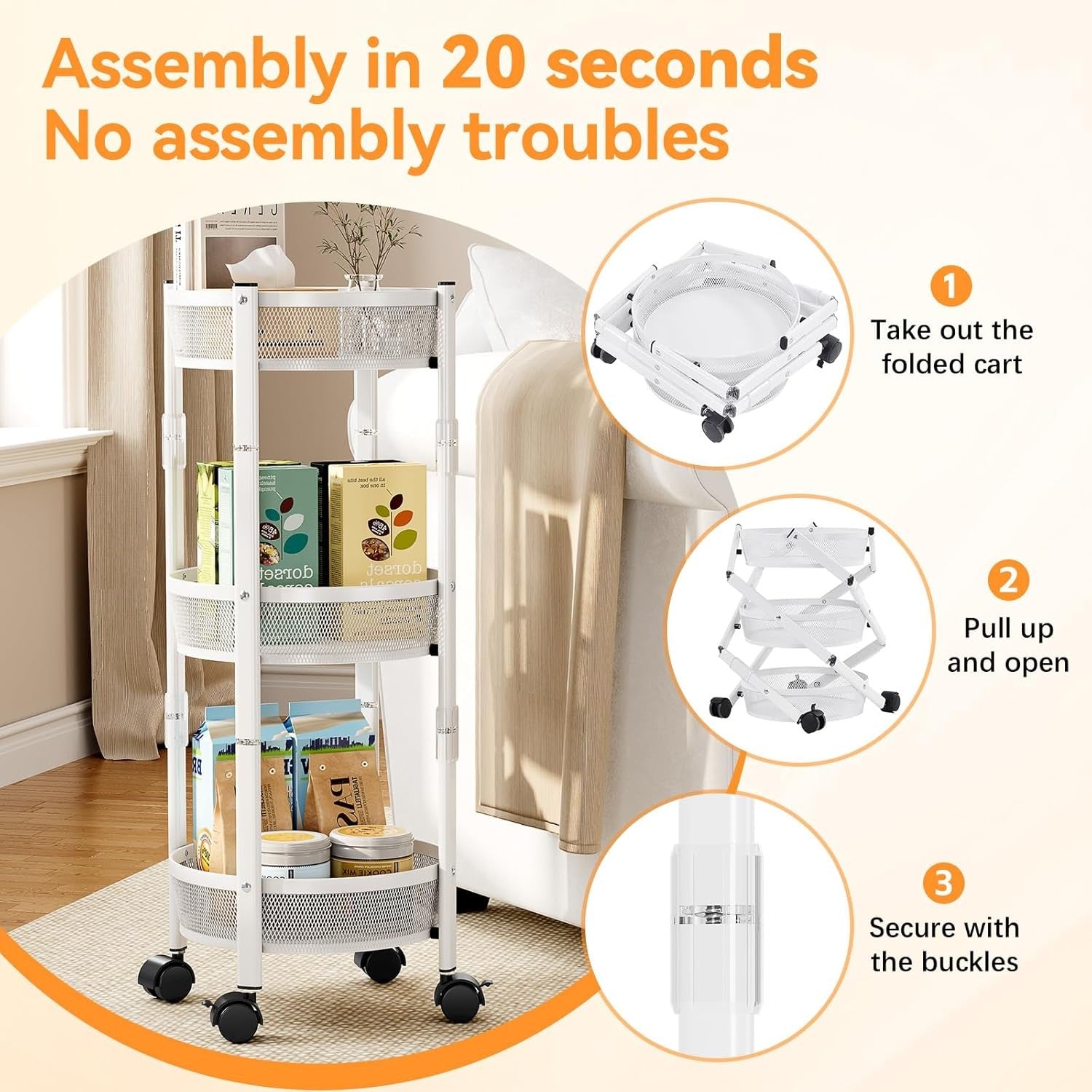 3 Tier Foldable Rolling Storage Cart Metal Utility Trolley Wheels