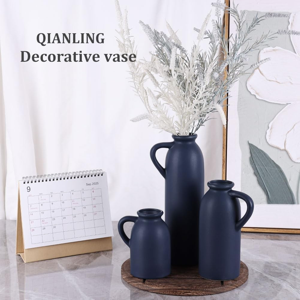 Blue Ceramic Vase Set of 3 Matte Jug Vases Farmhouse Table Home Decor