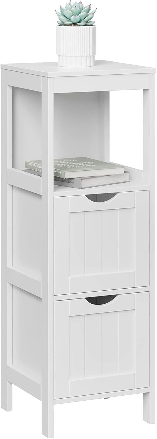 Tall White Bathroom Storage Cabinet – 2 Drawers + Open Shelf Modern Slim Unit