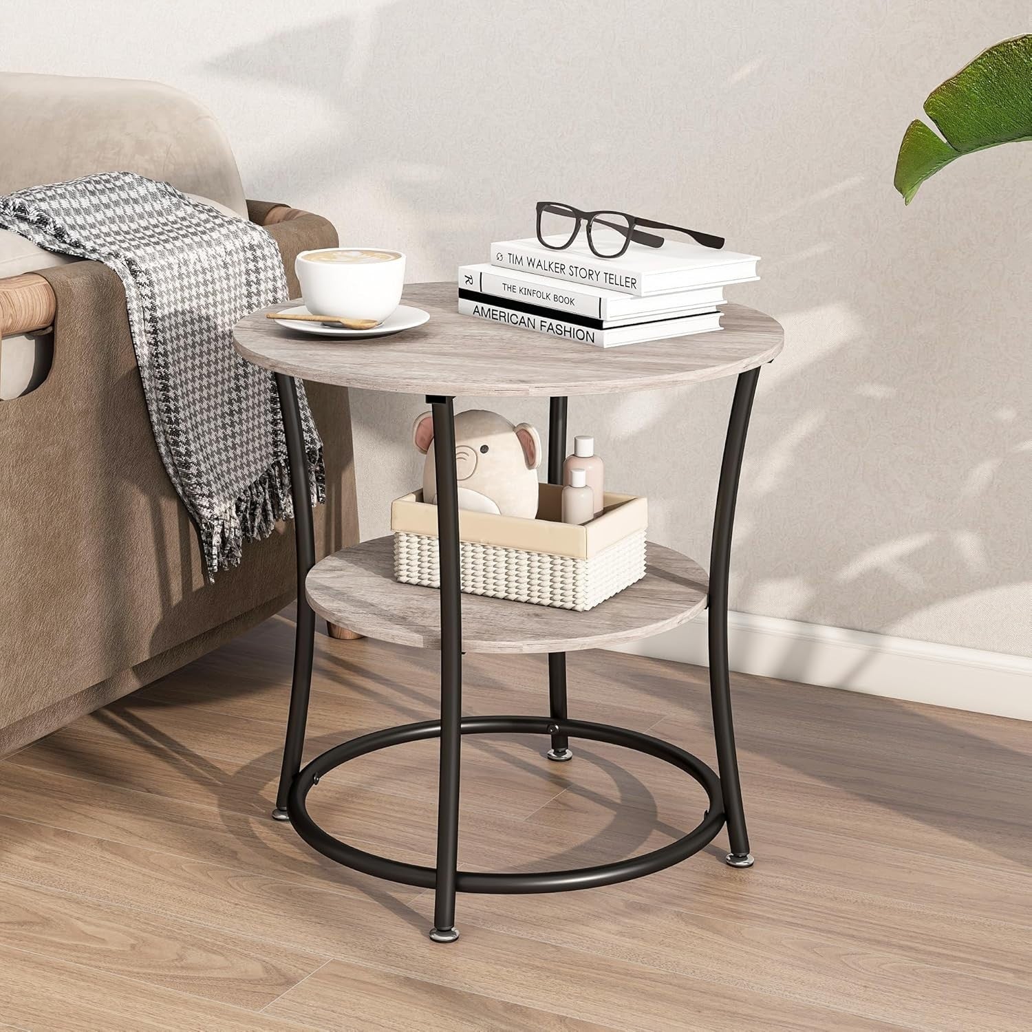 Round 2-Tier Side Table with Storage Shelves, Sturdy Metal Frame, Grey