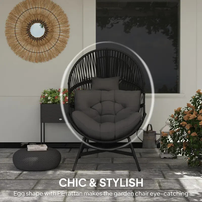 Outdoor Rattan Egg Chair with Cushion Headrest Patio Garden Lounge Seat