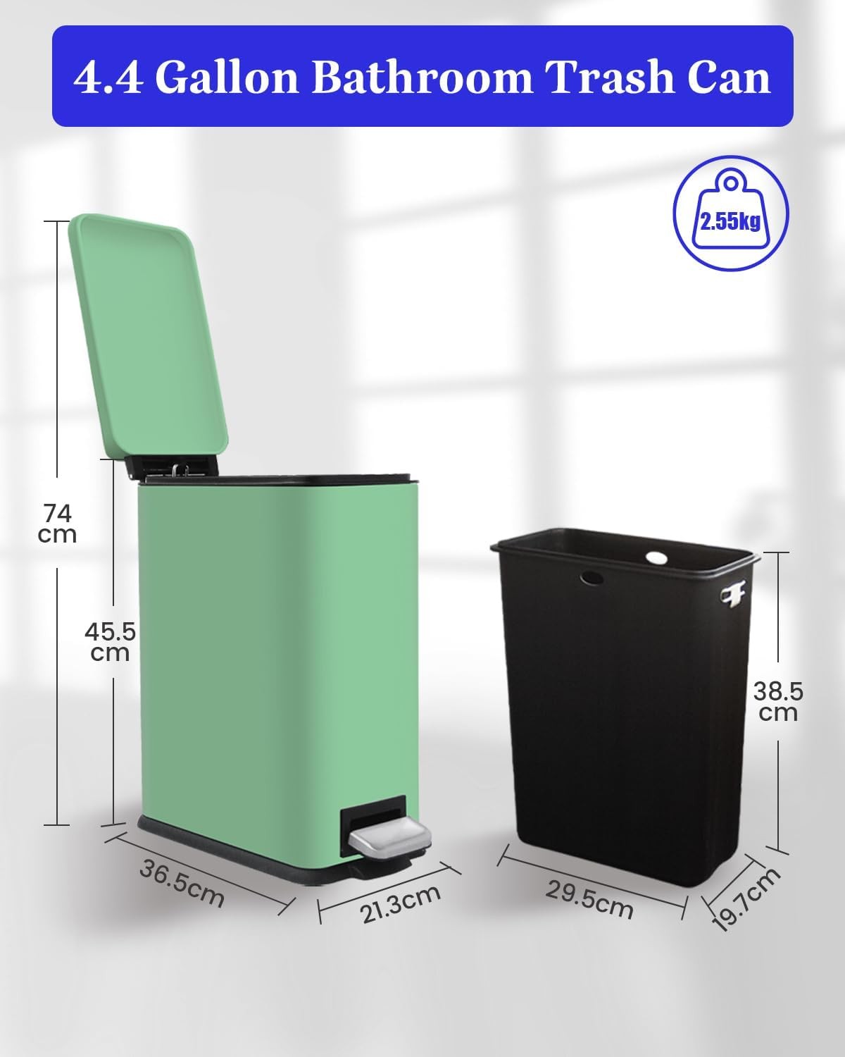 17L Green Stainless Steel Pedal Bin Slim Bathroom Soft Close