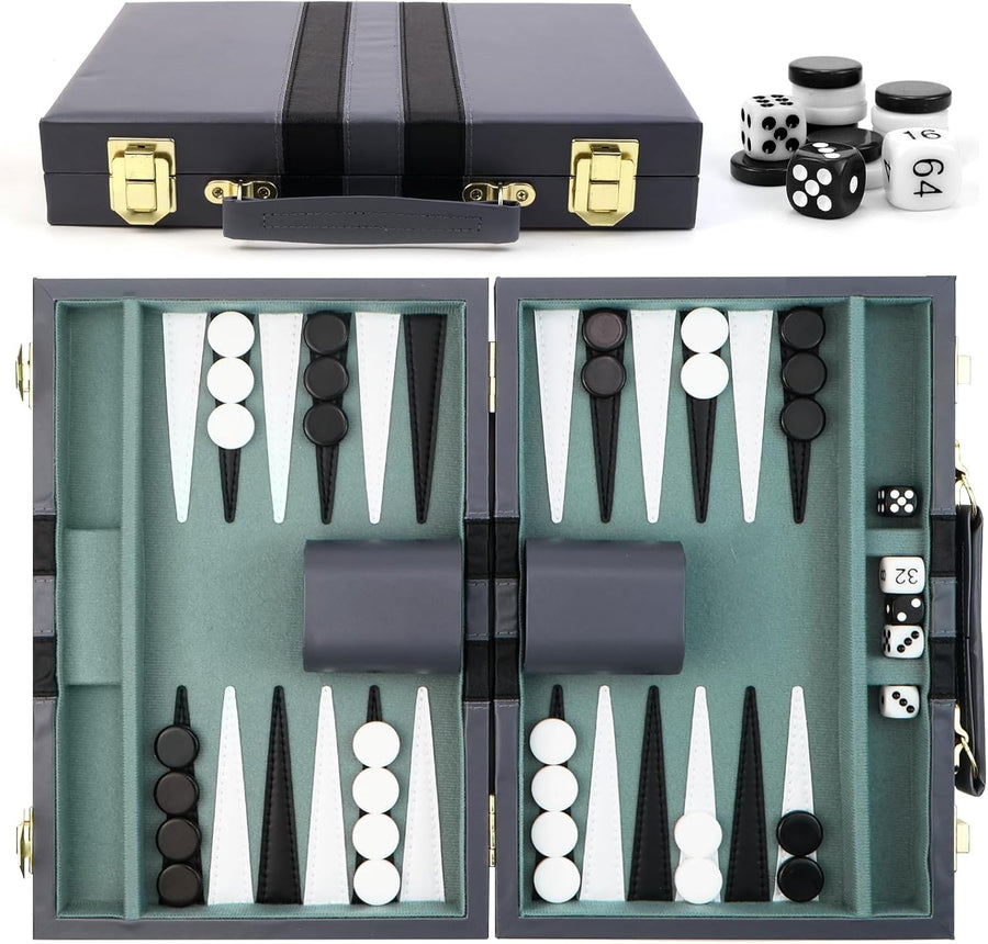 Portable Leather Backgammon Set Travel Suitcase Board Game Blue Grey