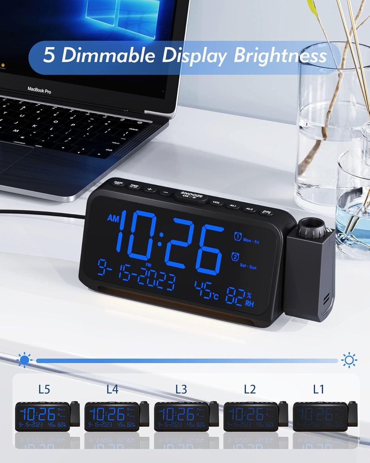 Projection Alarm Clock Blue LED Digits Temperature USB Charging Bedside