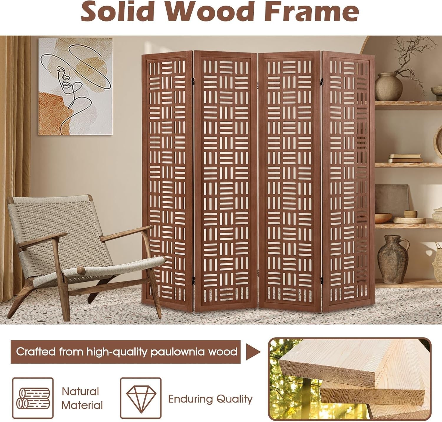 4 Panel Brown Carved Wood Folding Room Divider Privacy Screen 160x165cm