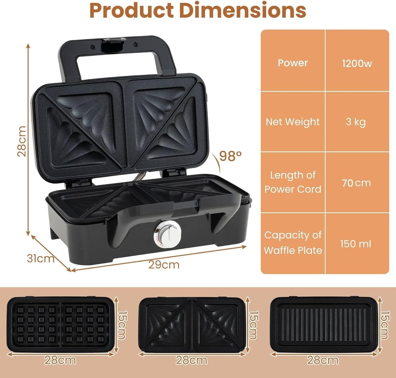 3-in-1 Sandwich Toaster 31x29x28cm Plates Waffle Panini Grill