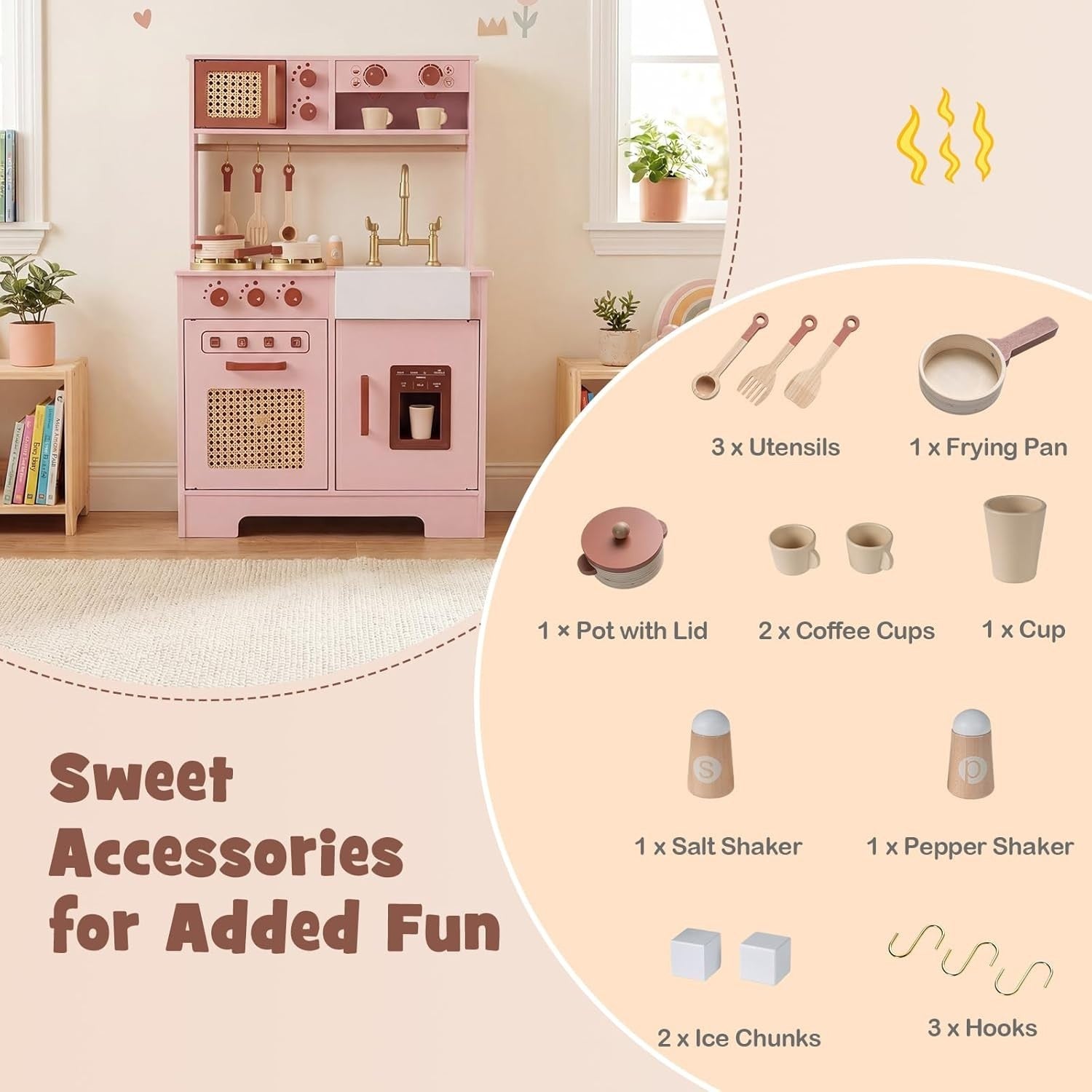 Kids Wooden Play Kitchen w/ Lights Sounds Ice Maker Coffee Pink