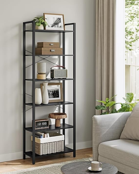 6-Tier Industrial Bookshelf Tall Ebony Black Metal Wood Storage Unit