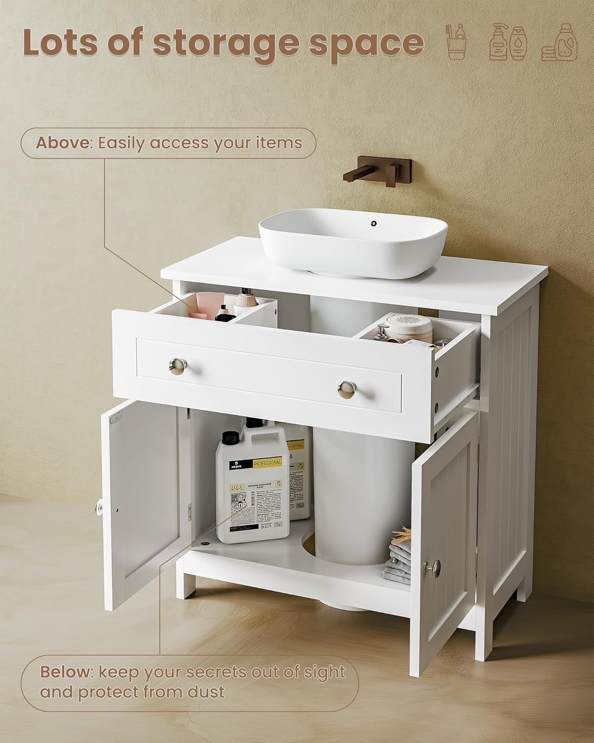 White Under Sink Bathroom Cabinet 60x30x60cm – 2 Doors & Drawer Storage