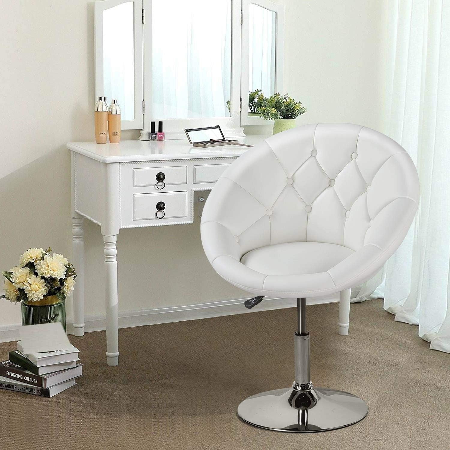 White PU Leather Swivel Vanity Chair Adjustable Tufted Armchair for Makeup