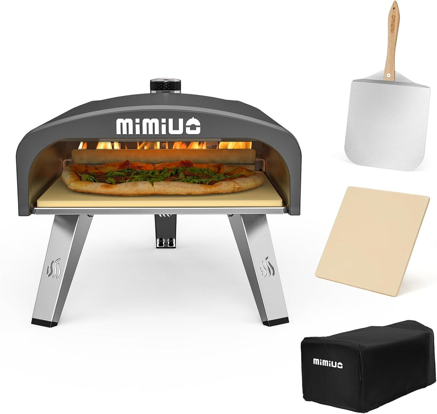 Outdoor Gas Pizza Oven 12" | Portable Black BBQ Oven w/ Stone, Peel & Cover