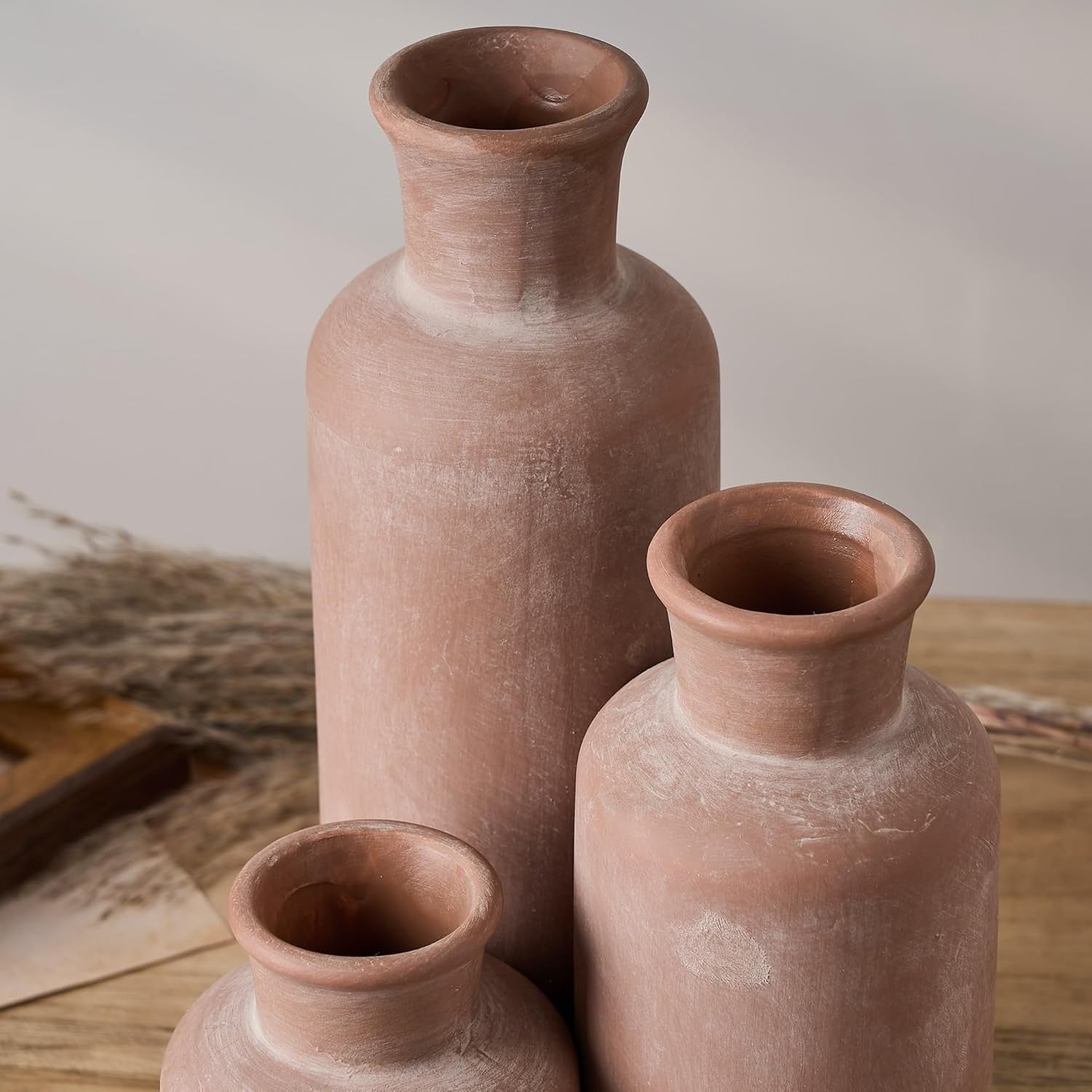 Ceramic Rustic Farmhouse Vase Set of 3 Whitewashed Terracotta Home Décor