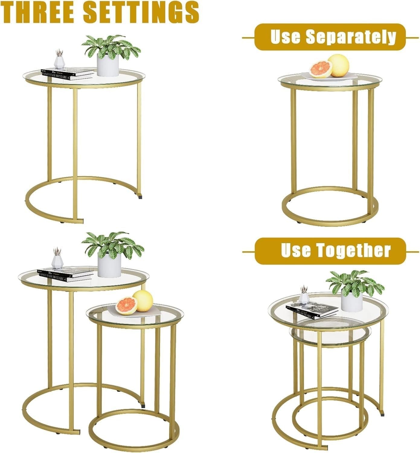 Space Saving Gold Nesting Coffee Table Set 2 Round Glass End Side Tables