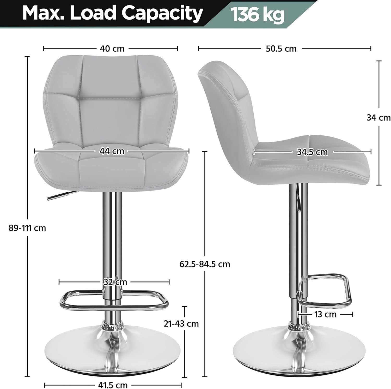 Adjustable Swivel Bar Stools Set of 2 Light Grey PU Counter Chairs