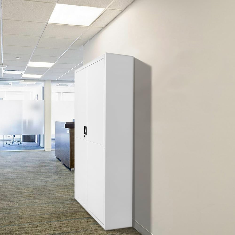 Tall Grey White Metal Storage Cabinet 2 Door Cupboard 5 Shelves 185cm