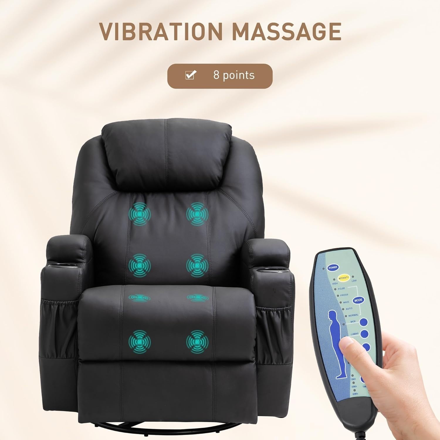 Massage Recliner Rocker Chair 360° Swivel 165° Recline Footrest Black