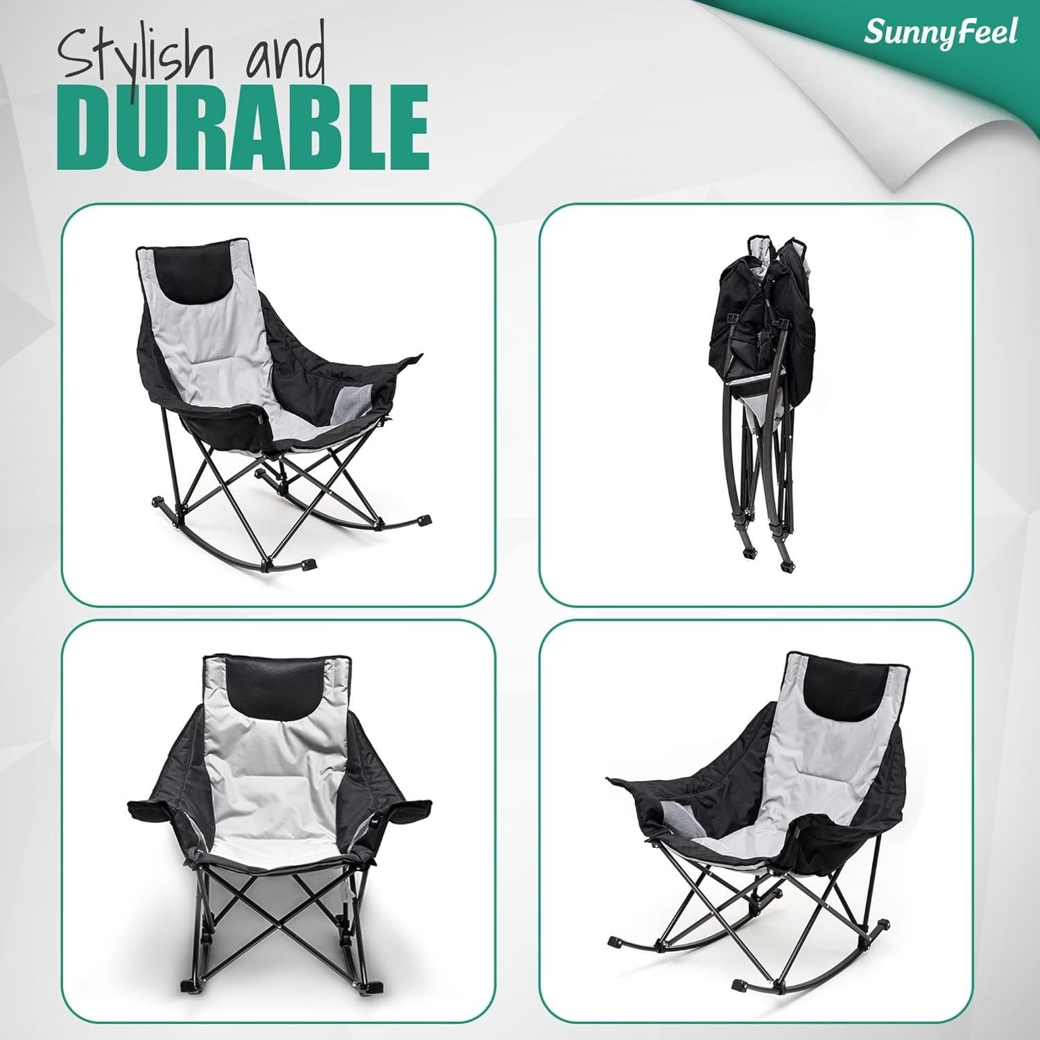 Heavy Duty Folding Rocking Chair Outdoor Recliner with Side Pockets 107x96cm