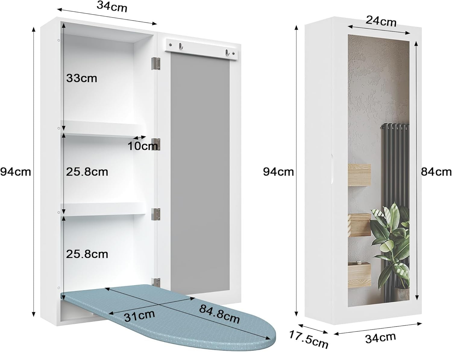 Wall Mounted Ironing Board Cabinet with Mirror Foldable Storage