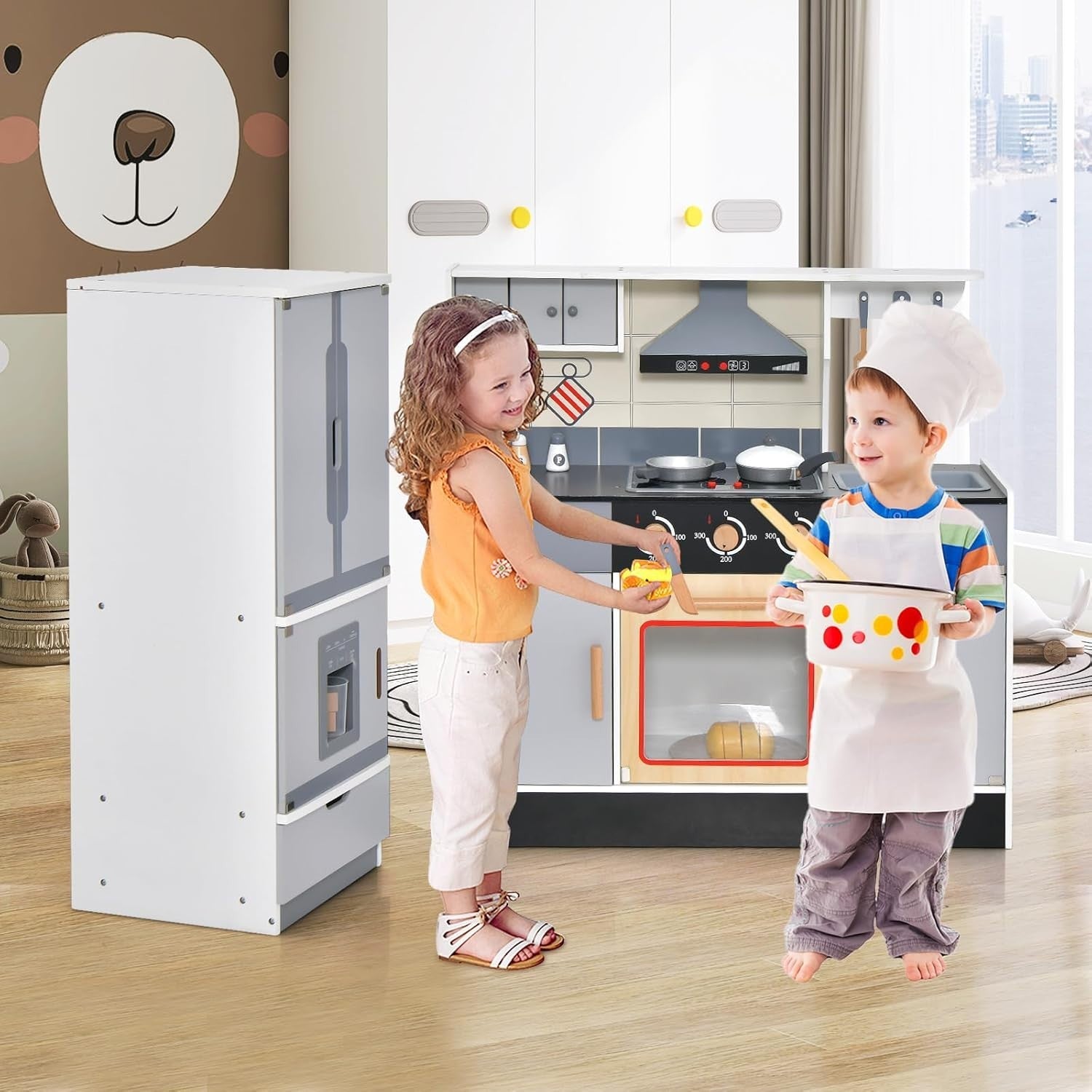 Wooden Kids Play Kitchen Set w/ Fridge Lights Sounds Accessories