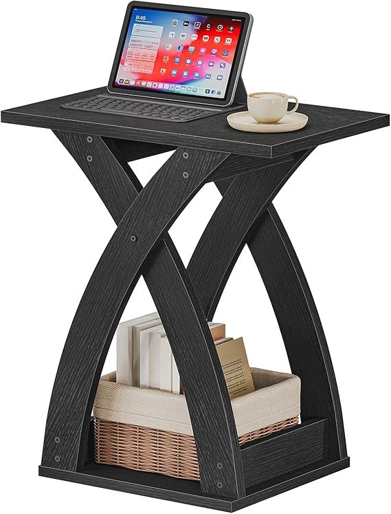 Modern Narrow Side Table, Slim X-Design Sofa Table with Storage Shelf