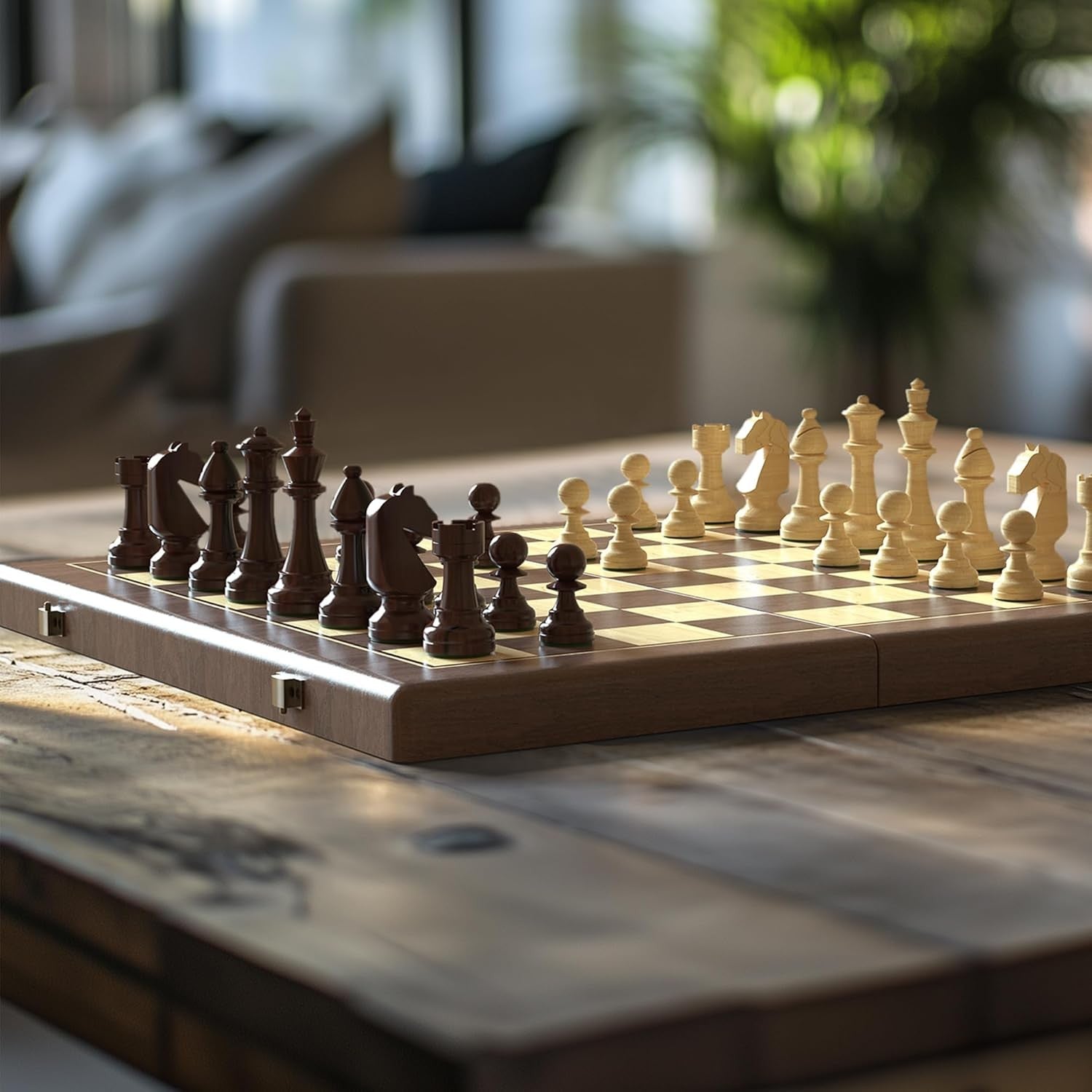 Walnut Magnetic 2-in-1 Chess & Checkers Set | 38cm Folding Wooden Board
