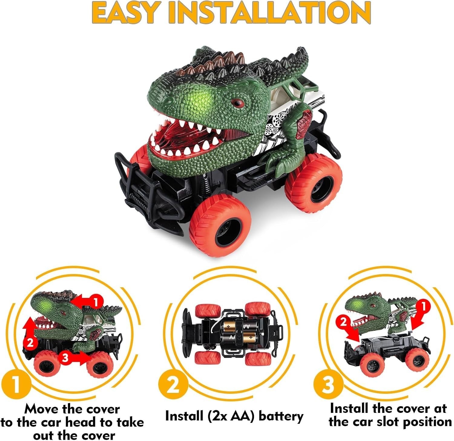 Dinosaur RC Car for Kids 3–8, Remote Control Monster Truck Toy w/ LED Lights