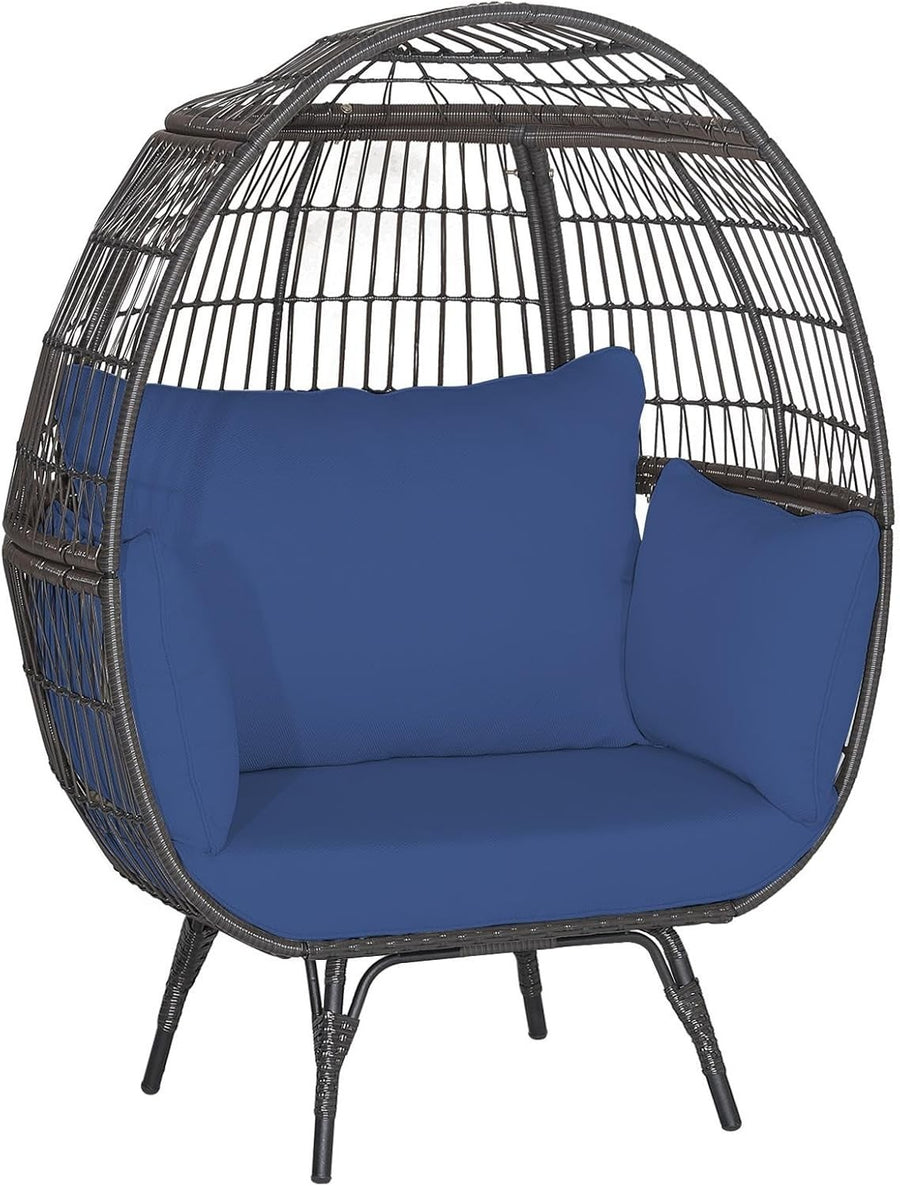 Navy Two Seater Rattan Egg Chair Oversized Cushioned Freestanding Lounger