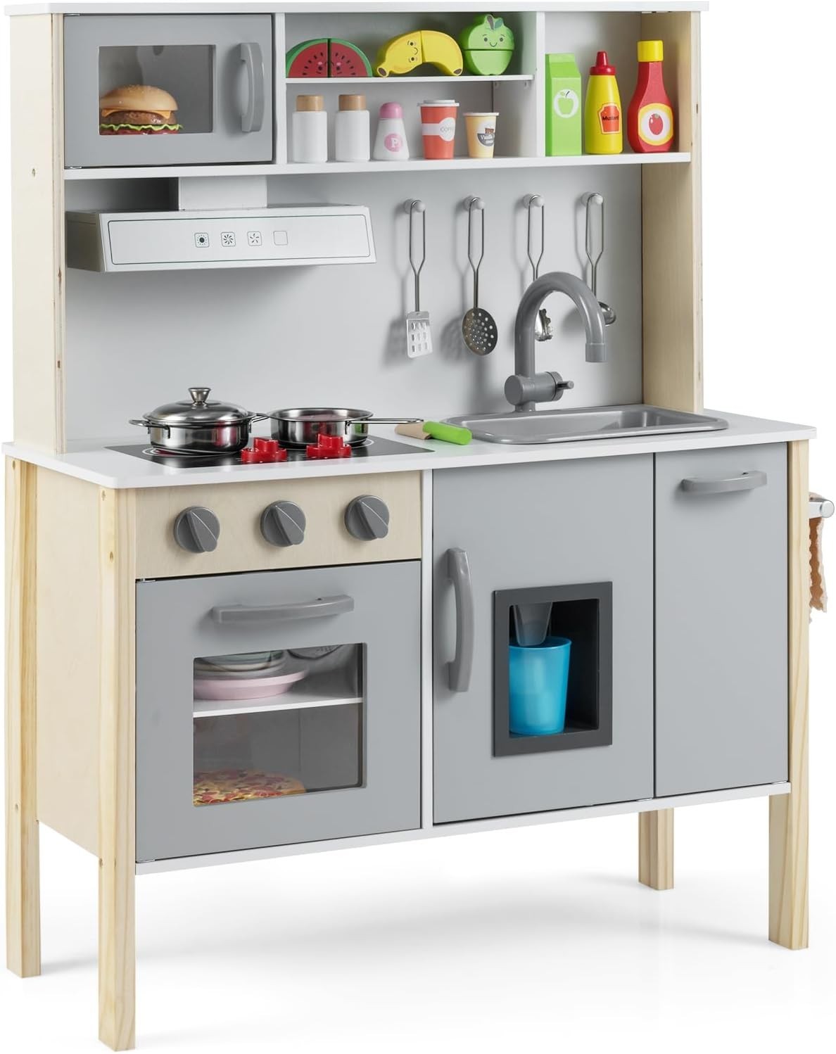 Wooden Kids Play Kitchen Grey Ice Maker Cooking Toy Accessories
