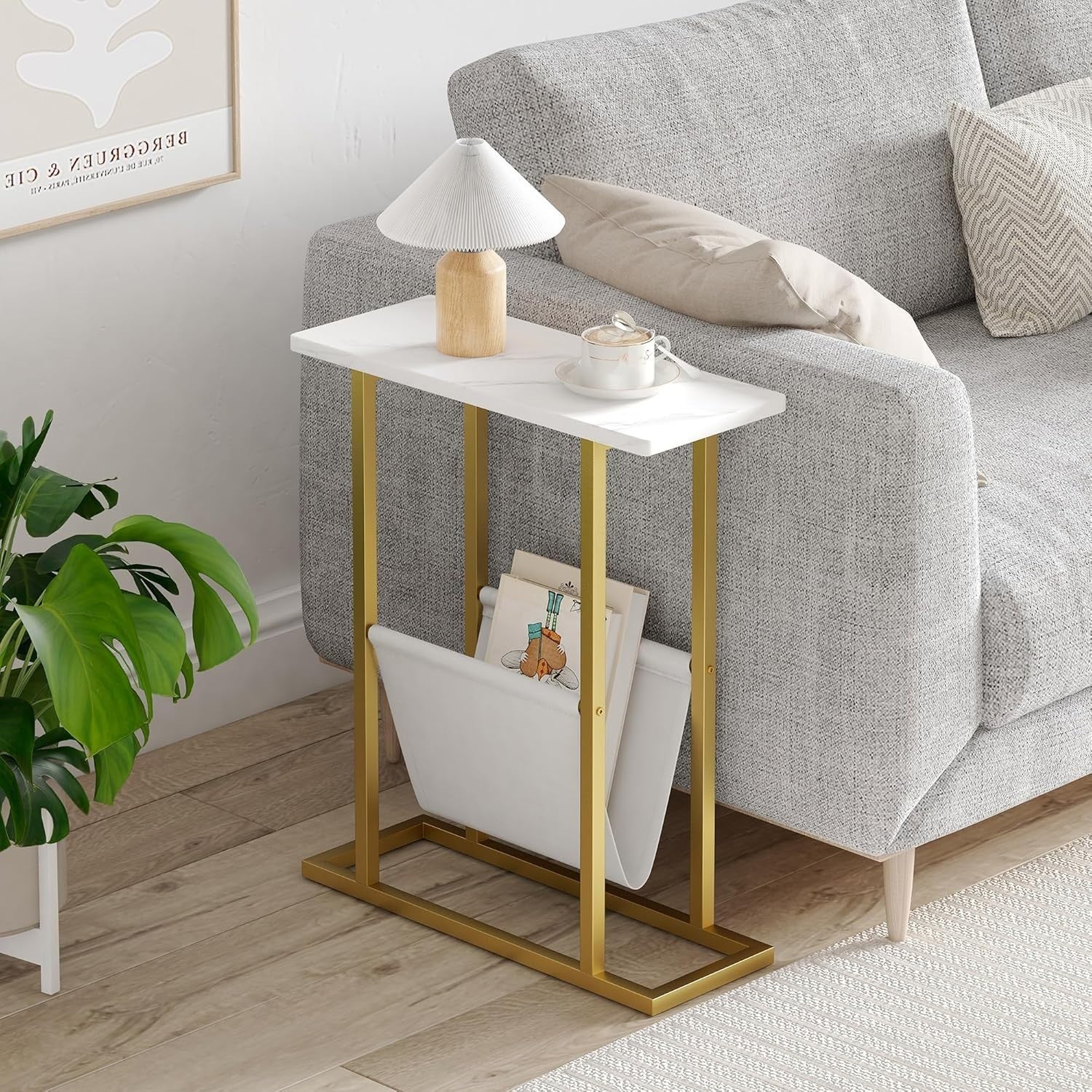 Slim Gold Side Table with Storage Bag – Narrow End Table for Sofa/Bed