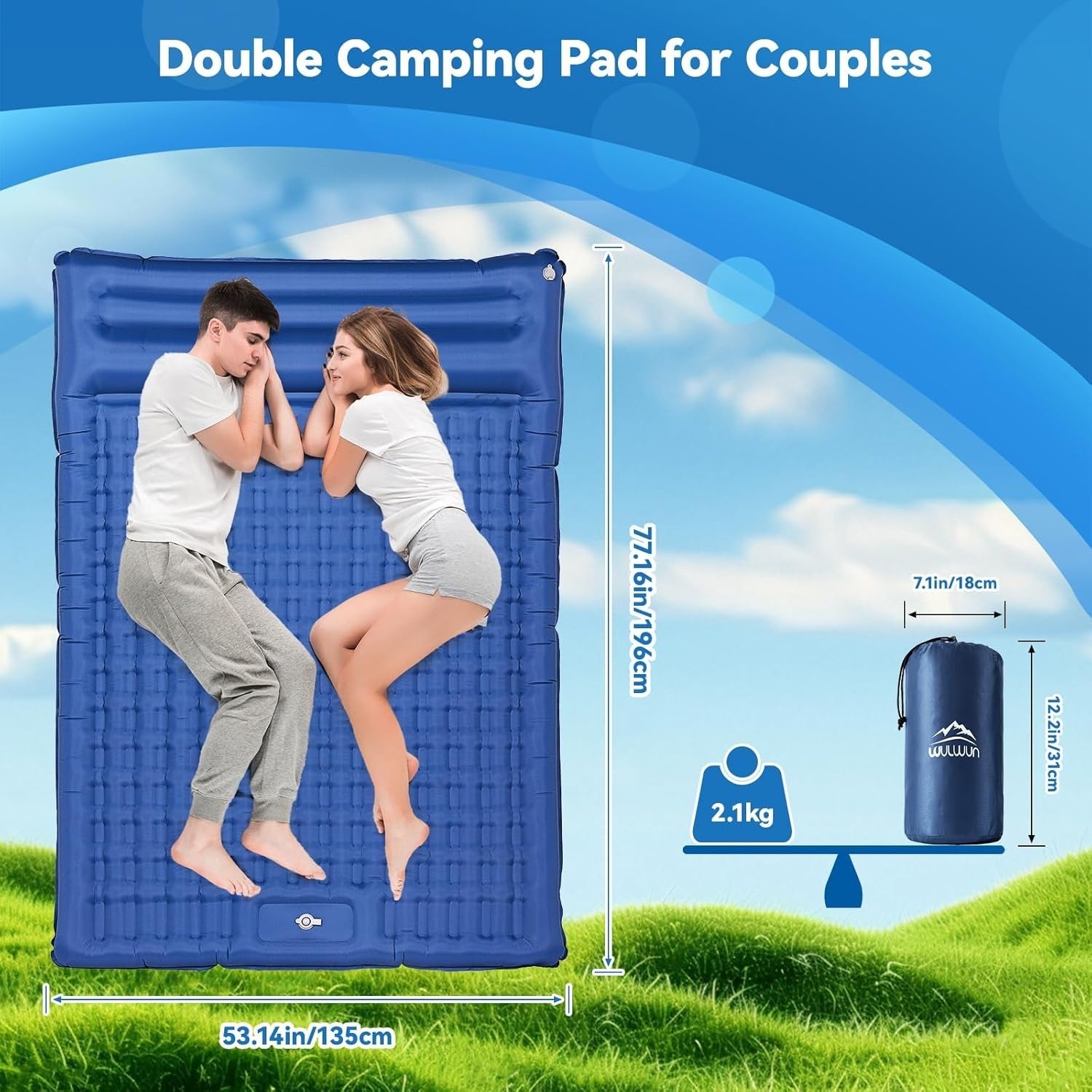 Double Self-Inflating Camping Mat with Built-In Pump, 197x135x15cm