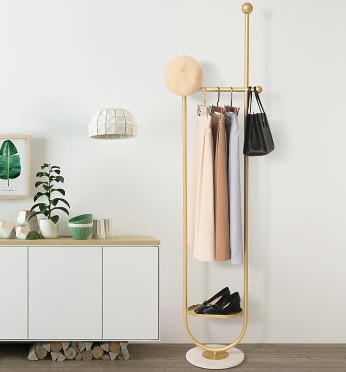 Luxury Gold U-Shaped Marble Coat Rack Stand Metal Clothes Organizer for Bedroom