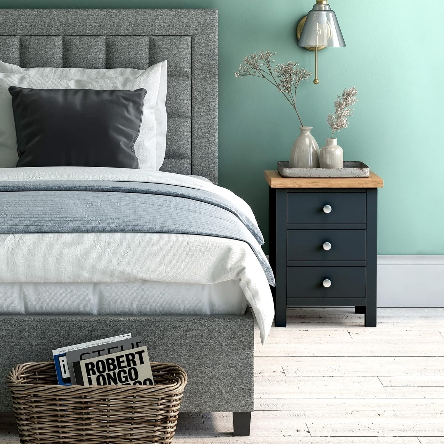 Charcoal Grey 3 Drawer Bedside Table with Solid Oak Top Fully Assembled