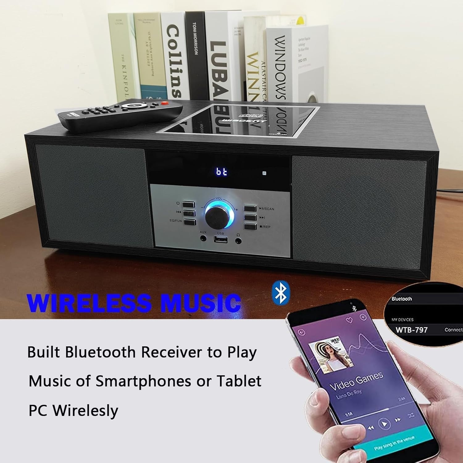Retro Bluetooth CD Stereo System with USB, FM Radio, Wooden HiFi Speakers