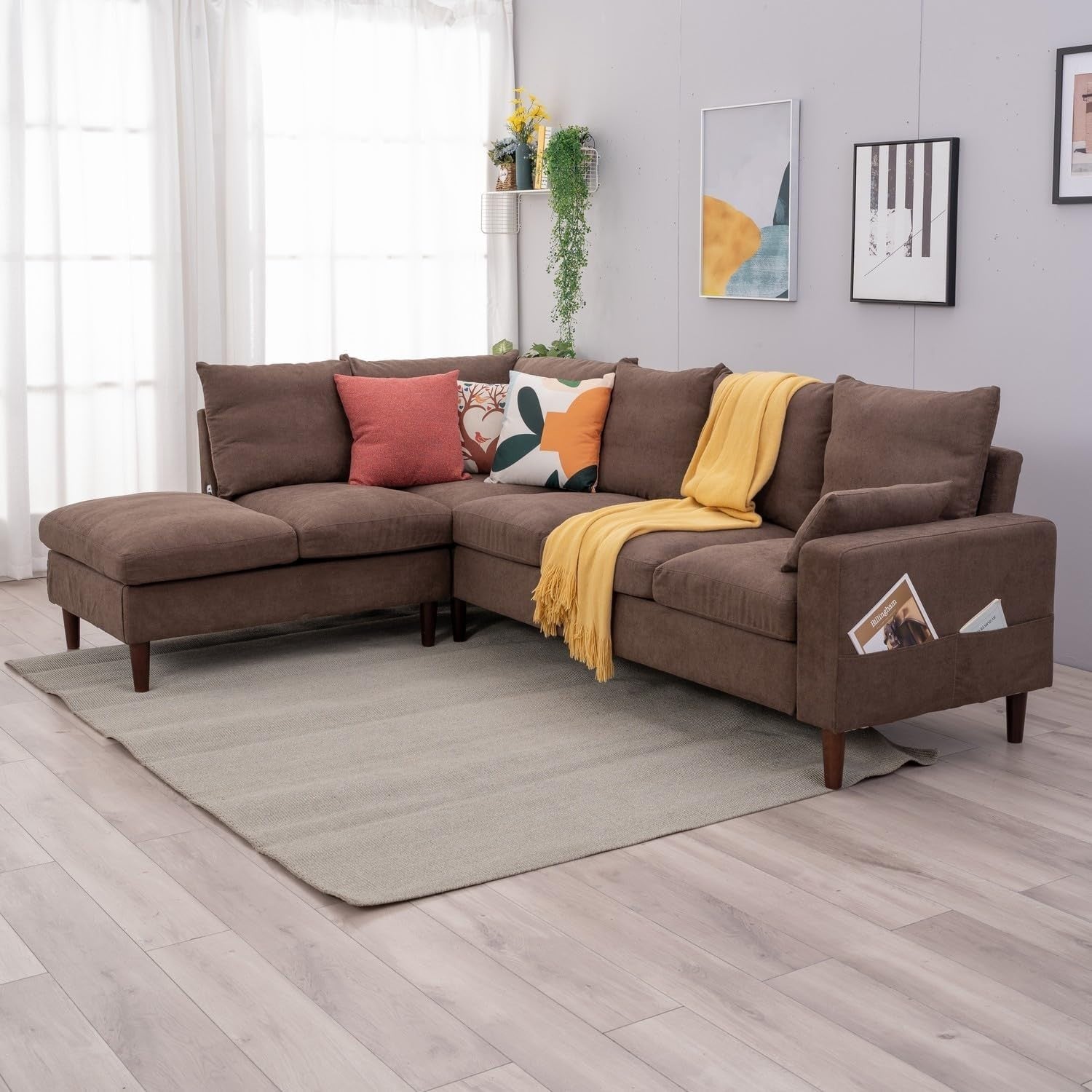 6 Seater L Shape Sofa with Chaise Brown Linen USB Charging Corner Couch