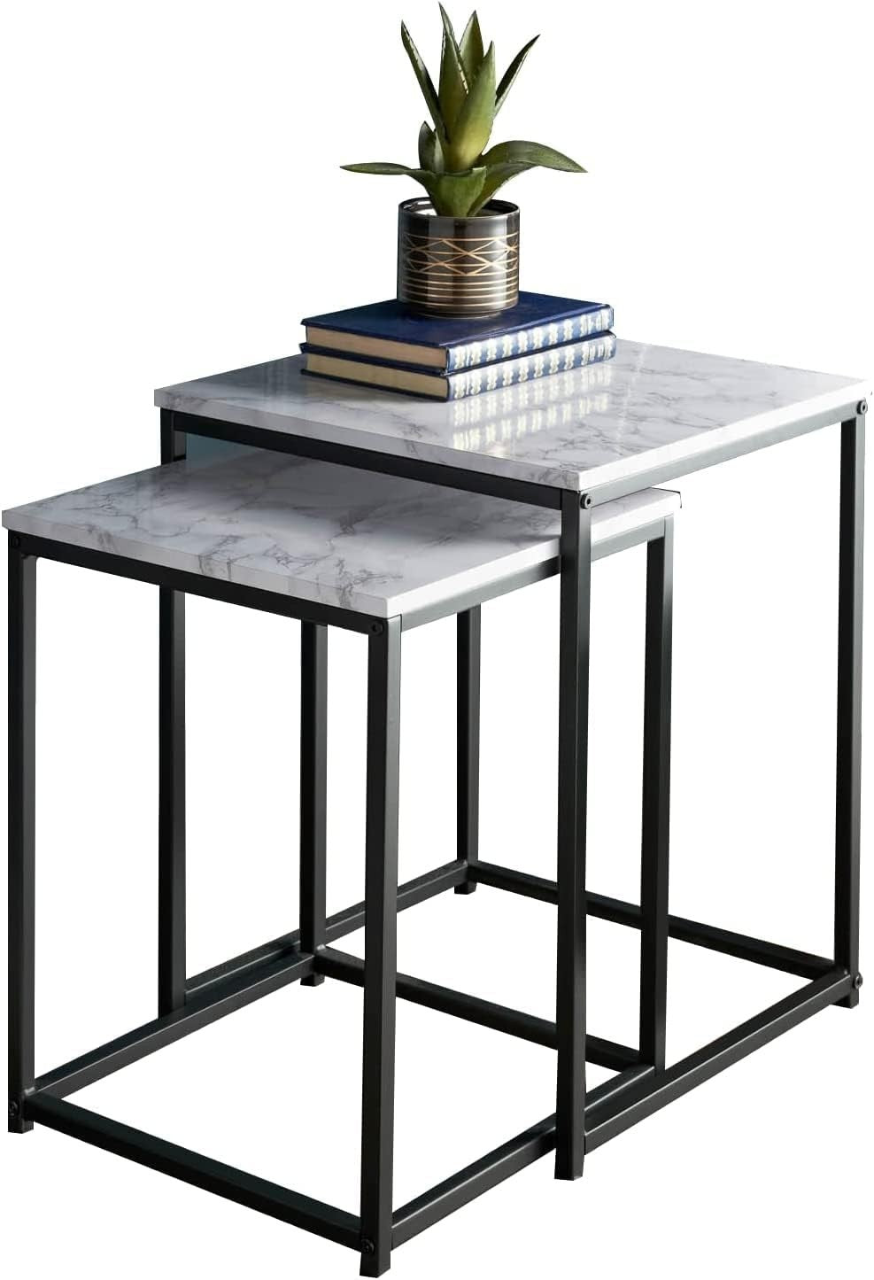 2X Square Nesting Side Tables Industrial End Coffee Nightstand Marble Black