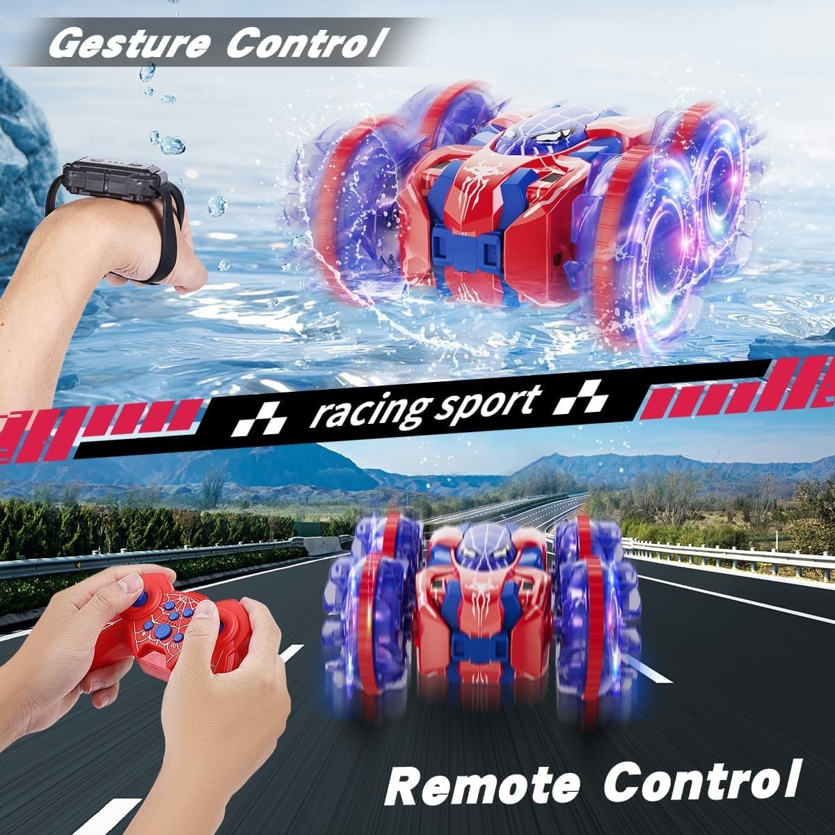 4WD Waterproof RC Stunt Car 360° Rotation Amphibious LED Toy for Kids 3-12