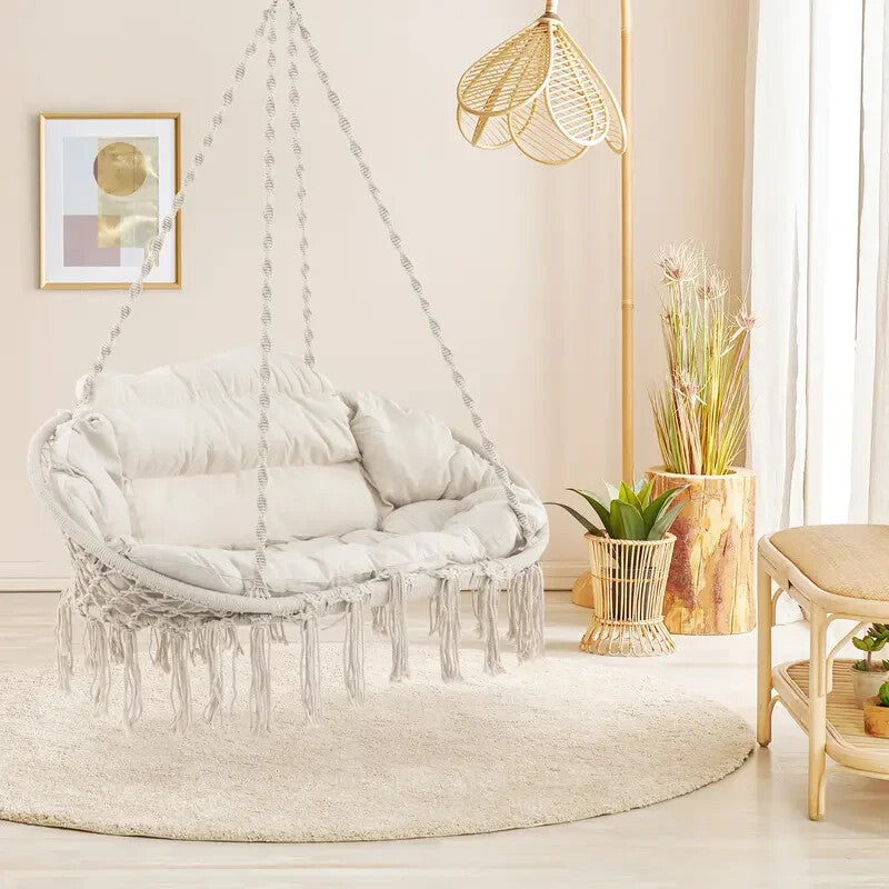 Rope Hanging Chair with Cushion & Folding Frame – 150kg Indoor Outdoor